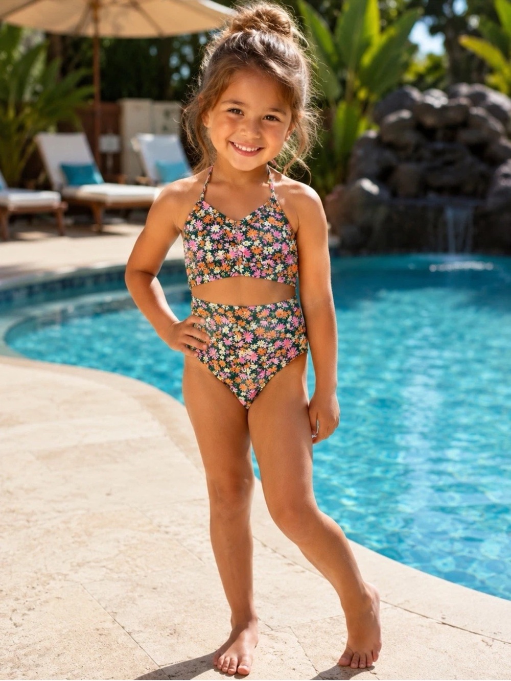Girls' Floral One-Piece Keyhole Cutout Halter Swimsuit in Green Floral. Size S